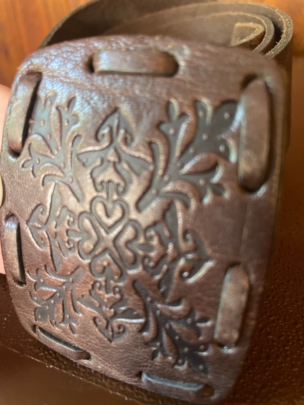 Brown Leather Women's Belt with Floral Tooled Buckle - Picture 2 of 5